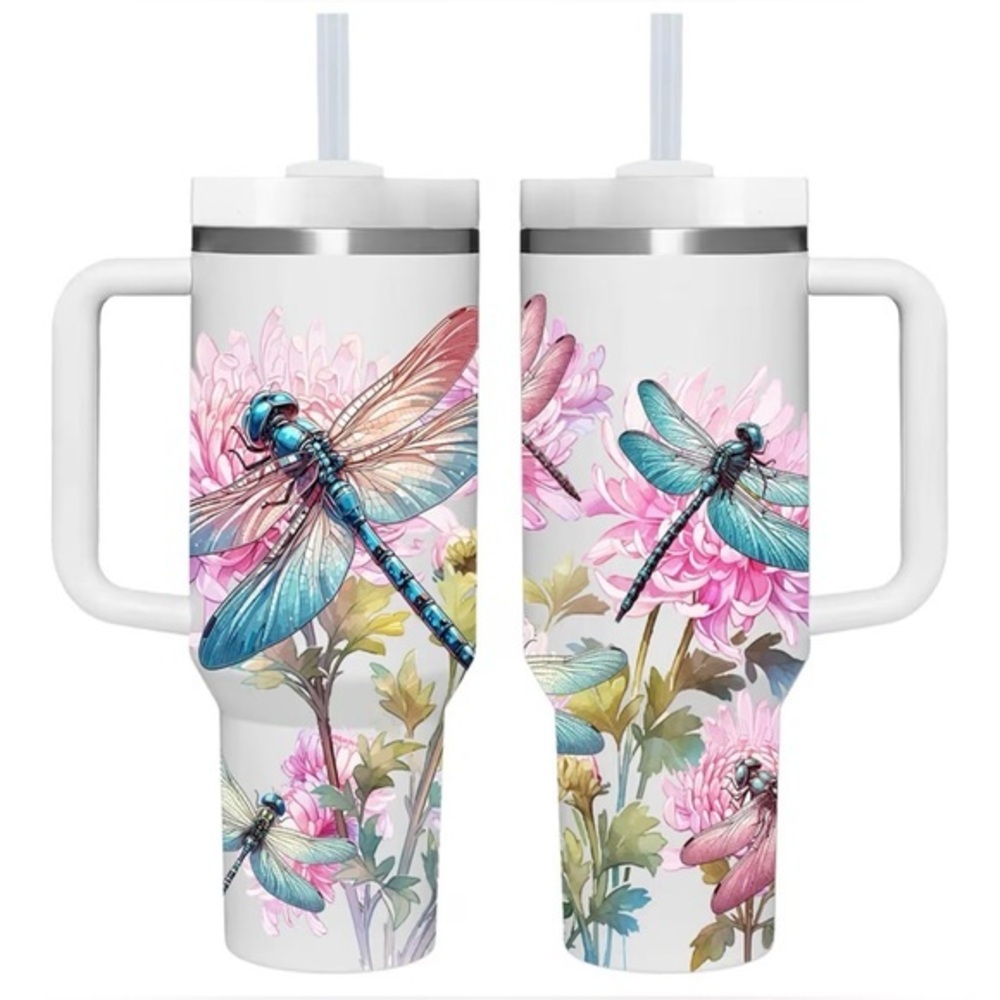 Dragonfly Floral Travel Mug Set - White and Pink